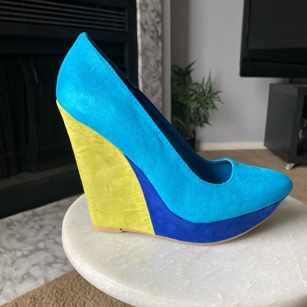 Bright blue and lime green wedge heel